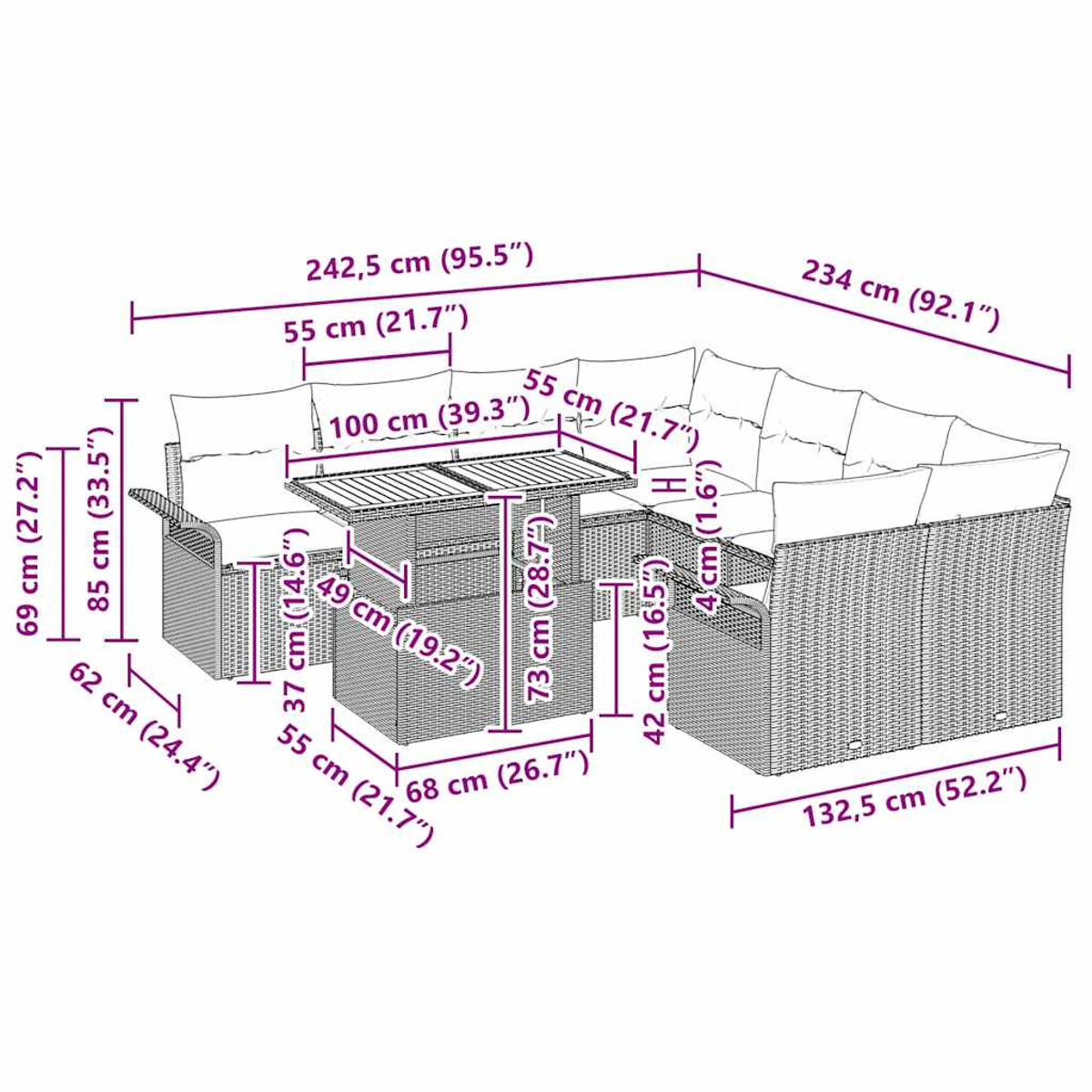 Ein geflochtenes Outdoor-Möbelset mit cm-Maßen. Es umfasst ein Sofa und einen Tisch.