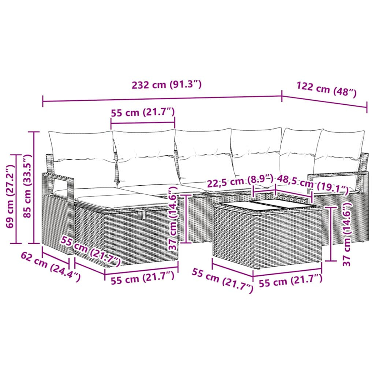 Ein geflochtenes Outdoor-Möbelset mit cm-Maßen. Es umfasst ein Sofa und einen Tisch.