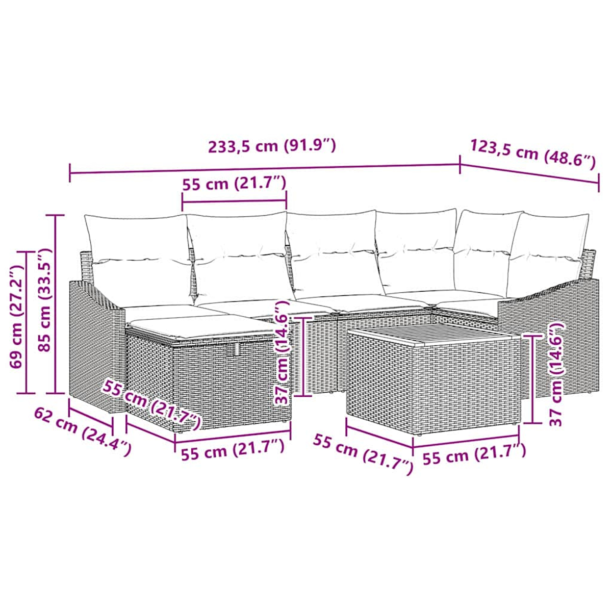 Ein geflochtenes Outdoor-Möbelset mit cm-Maßen. Es umfasst ein Sofa und einen Tisch.