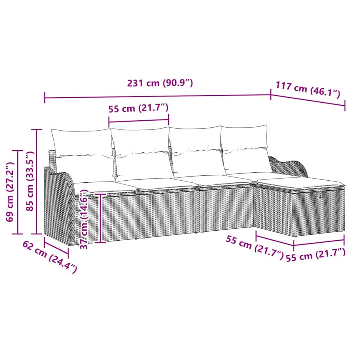 Ein geflochtenes Outdoor-Möbelset mit cm-Maßen. Es umfasst ein Sofa und einen Tisch.