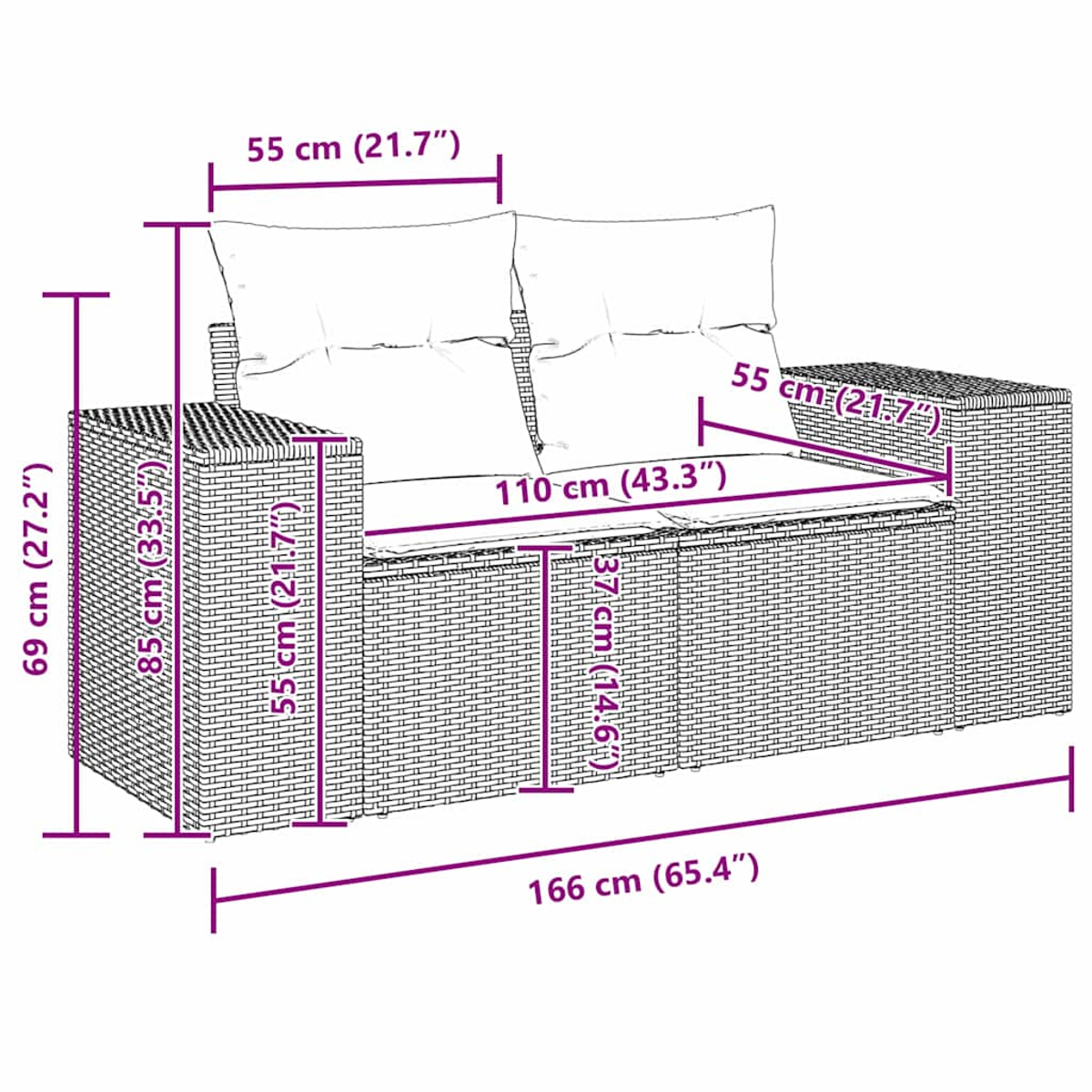 Ein geflochtenes Sofa mit zwei Kissen, Abmessungen in cm sind angegeben. Das Sofa ist beige.