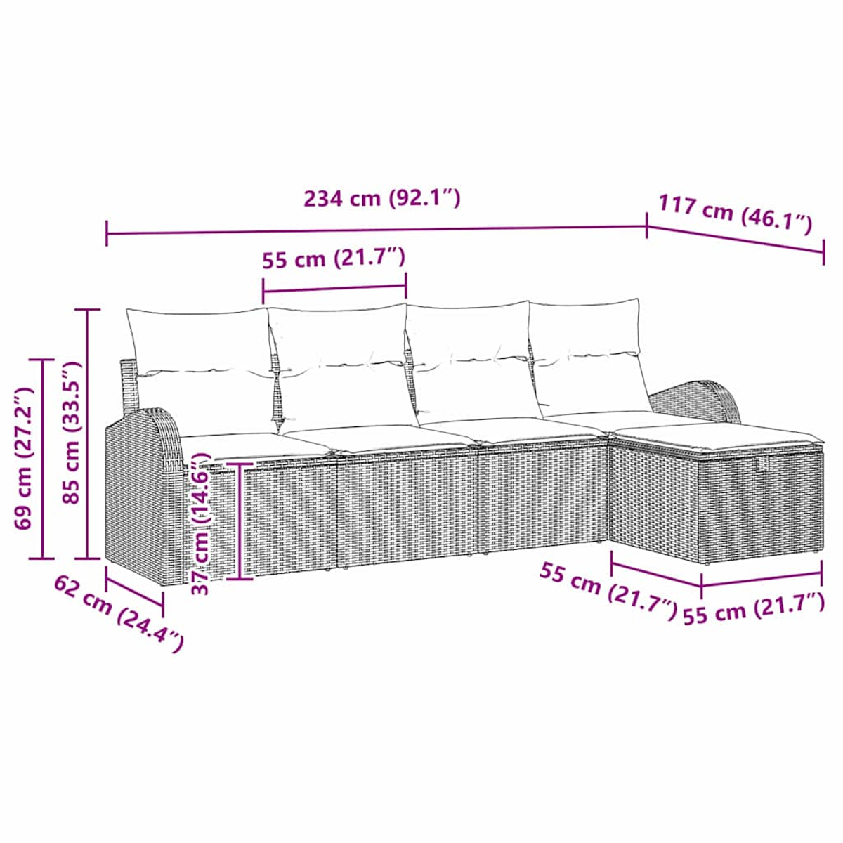 Ein geflochtenes Outdoor-Möbelset mit cm-Maßen. Es umfasst ein Sofa und einen Tisch.