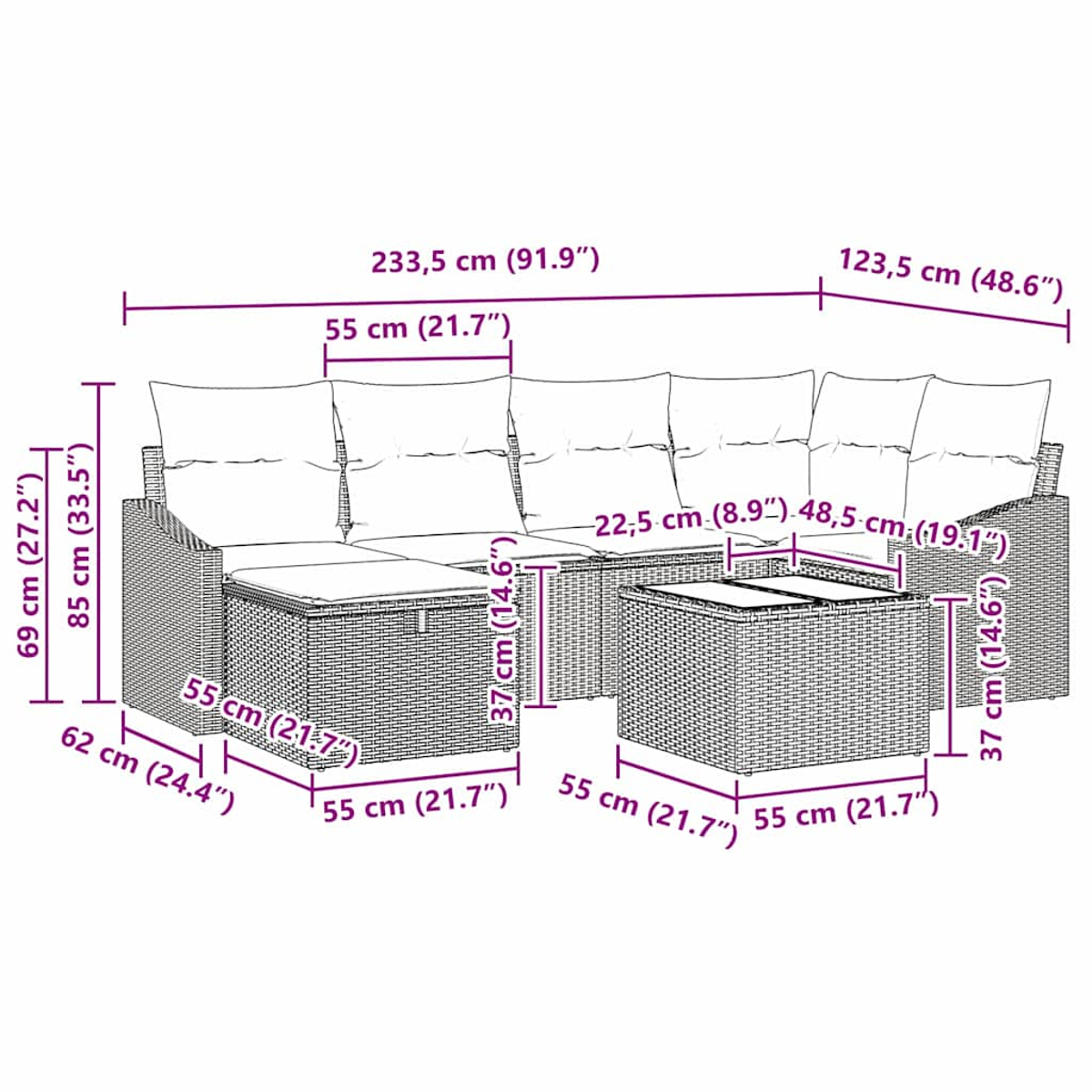 Ein Outdoor-Rattansofa mit Maßangaben. Es ist hellbraun.