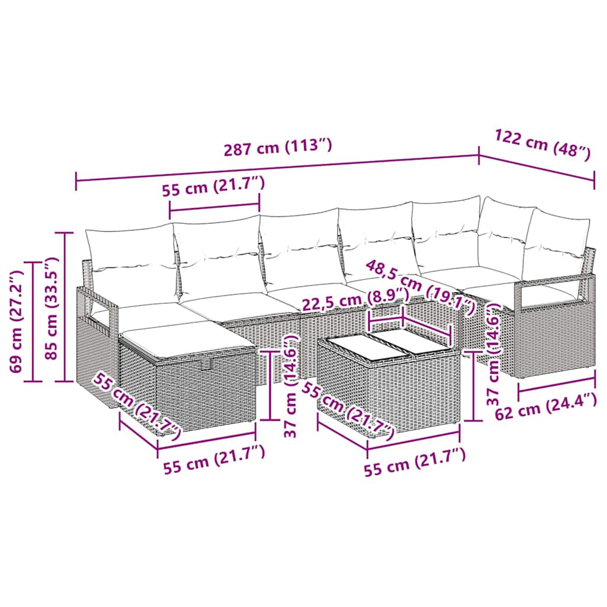 Ein Outdoor-Rattansofa mit Maßangaben. Es ist hellbraun.