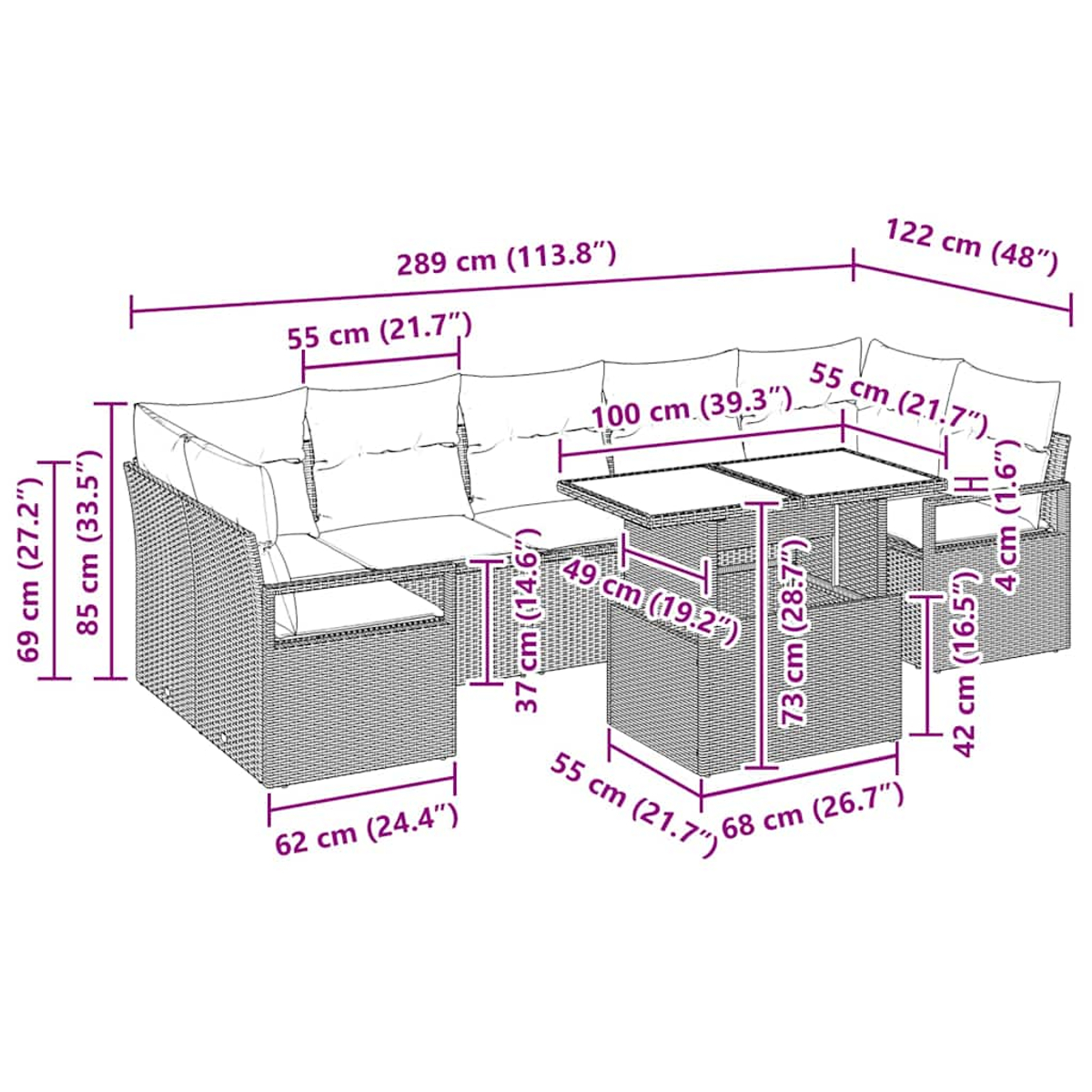 Ein Outdoor-Rattan-Ecksofa mit Maßangaben. Es ist hellbraun.