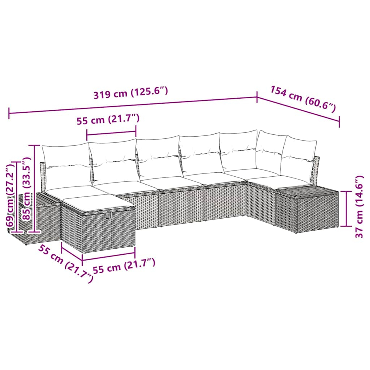 Ein Outdoor-Rattansofa mit Maßangaben. Es ist hellbraun.