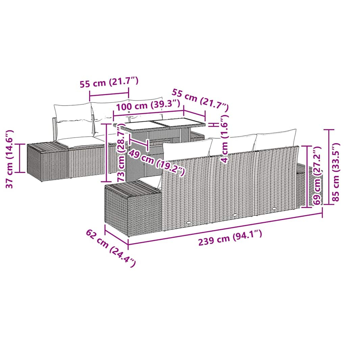 Gartenmöbelset mit Maßangaben in cm. Enthält Sofa, Tisch und Stühle, alles in gewebtem Design.