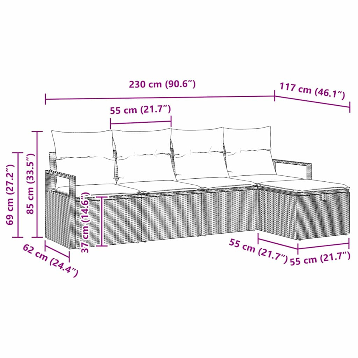 Ein Outdoor-Rattansofa mit Maßangaben. Es ist hellbraun.