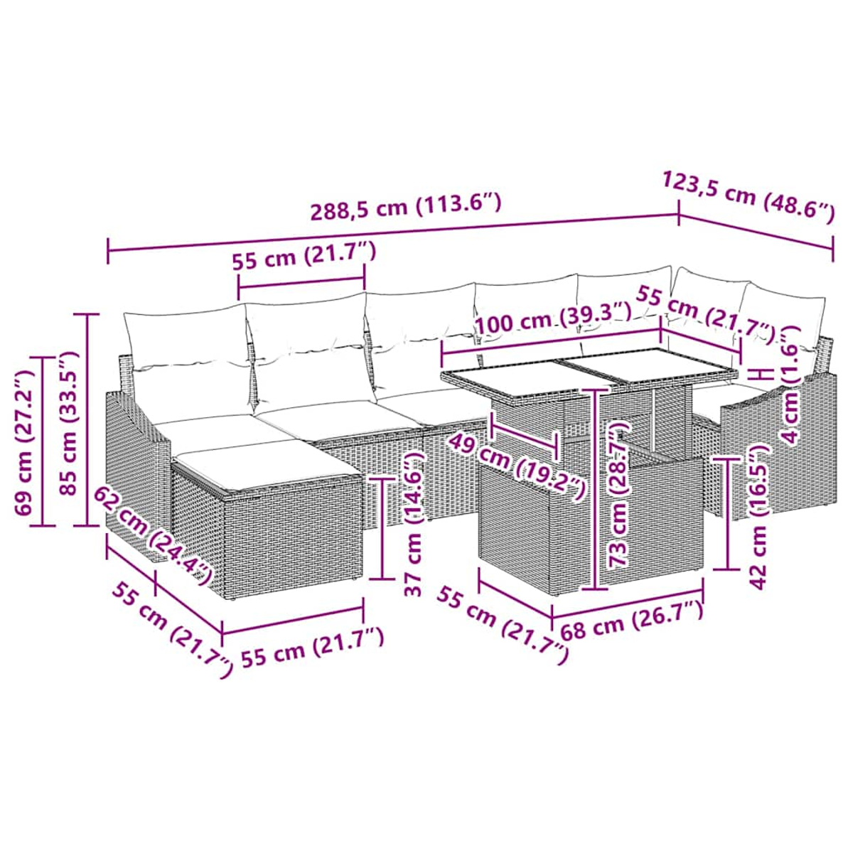 Gartenmöbelset mit Maßangaben in cm. Enthält Sofa, Tisch und Stühle, alles in einem gewebten Design.
