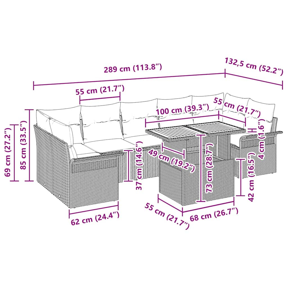 Gartenmöbelset mit Sofa, Tisch und Stühlen, alle mit Abmessungen in Zentimetern.