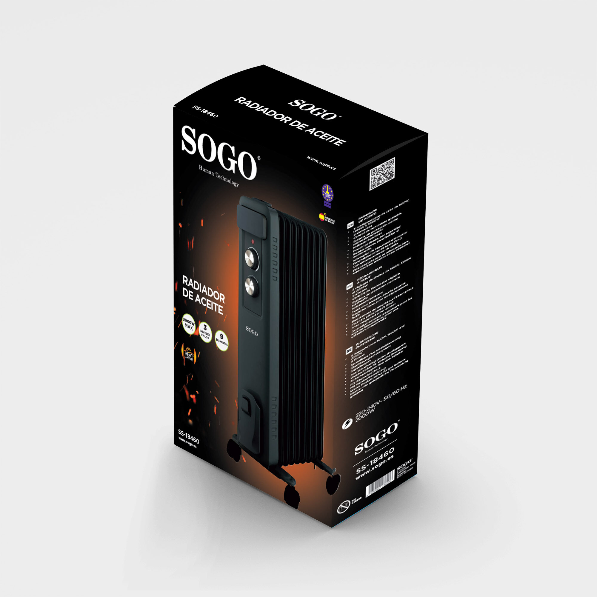 Radiador de aceite Sogo negro en su caja. La caja tiene texto e imágenes del producto.