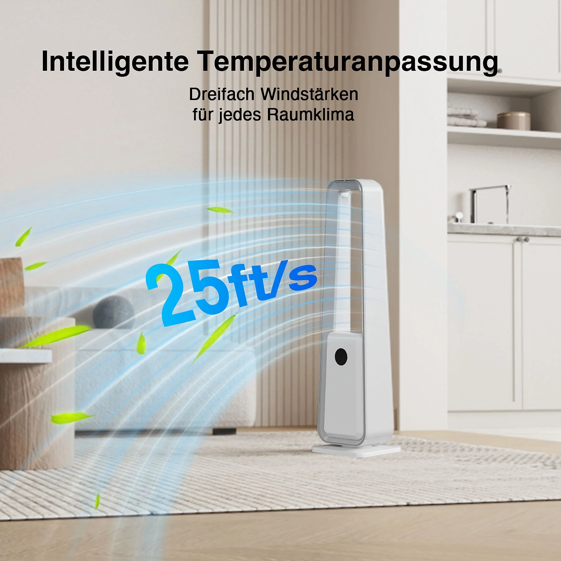 Ein weißer, schlanker Ventilator mit rechteckigem Sockel. Der Ventilator ist hoch und hat grüne Blätter.