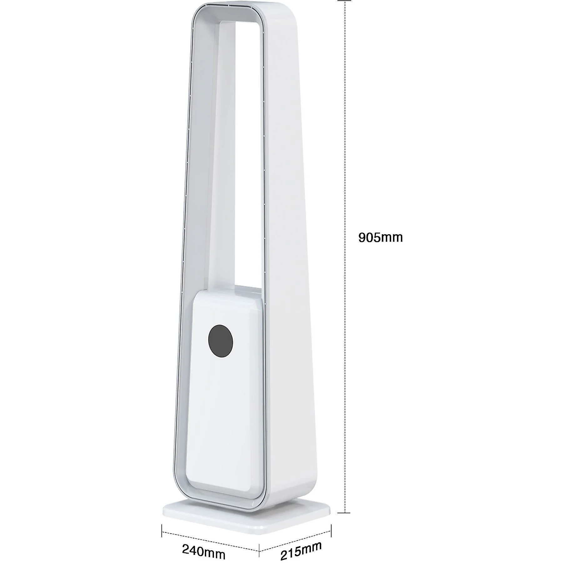 Ein weißer, schlanker Ventilator mit rechteckigem Sockel. Der Ventilator ist hoch, und es gibt einen schwarzen Knopf.