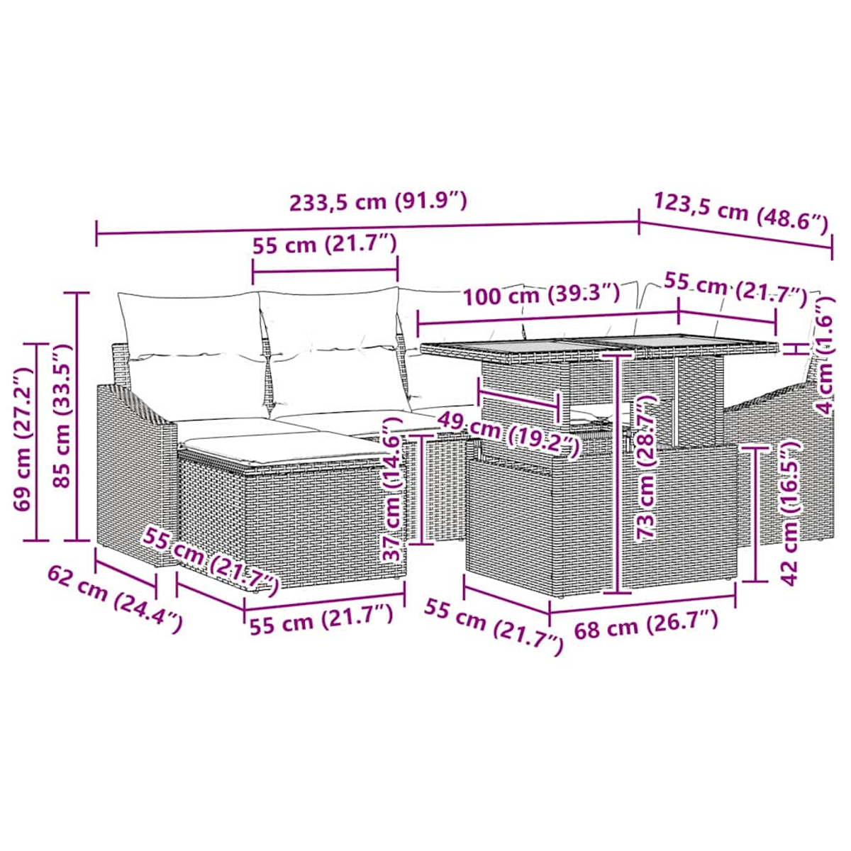 Geflochtenes Gartenmöbel-Set mit Tisch und Sitzgelegenheiten wird gezeigt.