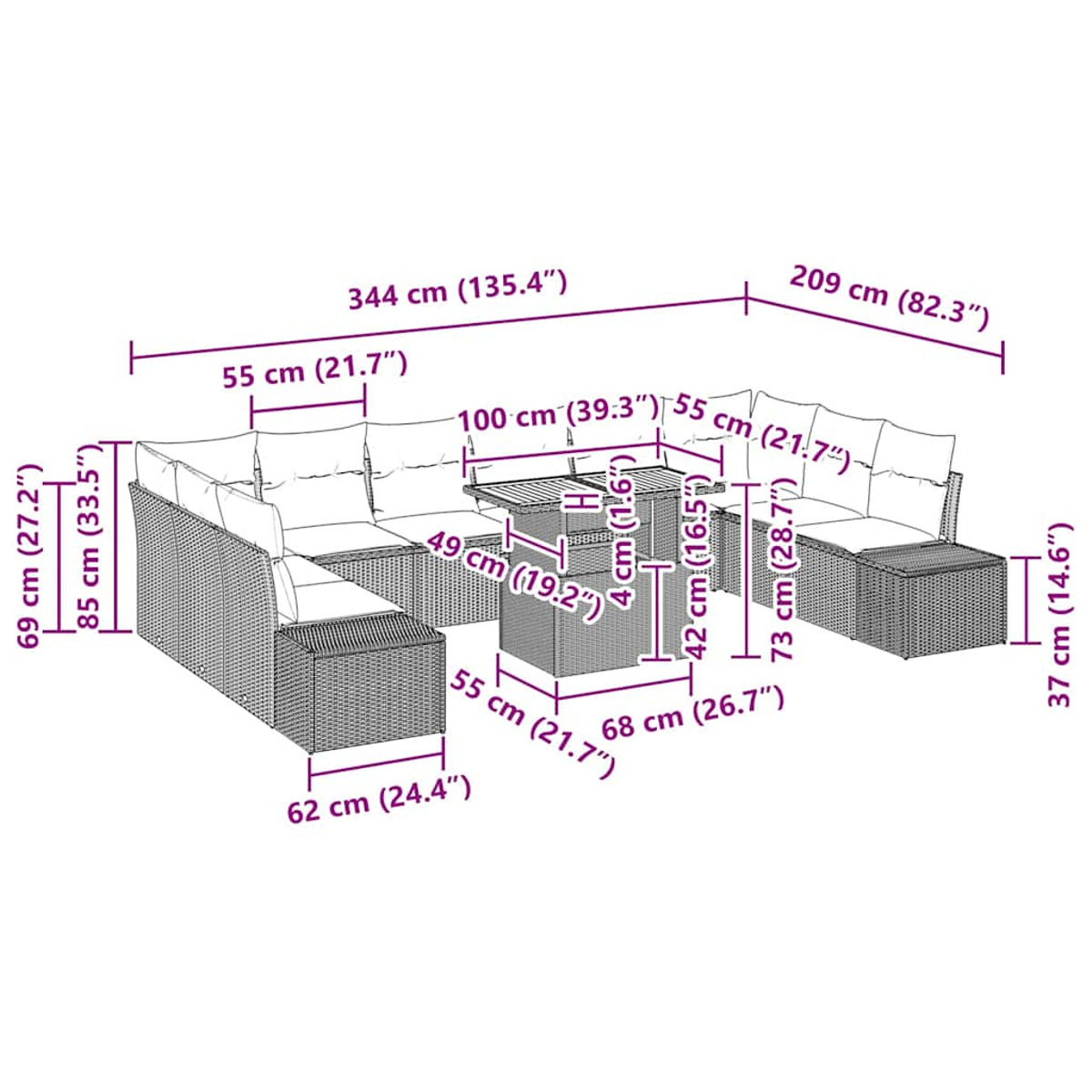 Geflochtenes Gartenmöbel-Set mit Tisch und Sitzgelegenheiten wird gezeigt.