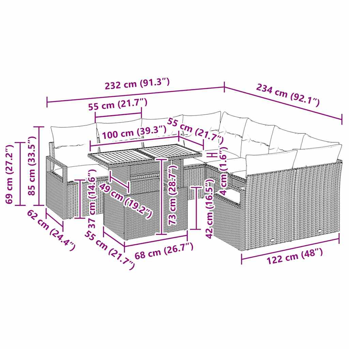 Geflochtenes Gartenmöbel-Set mit Tisch und Sitzgelegenheiten wird gezeigt.