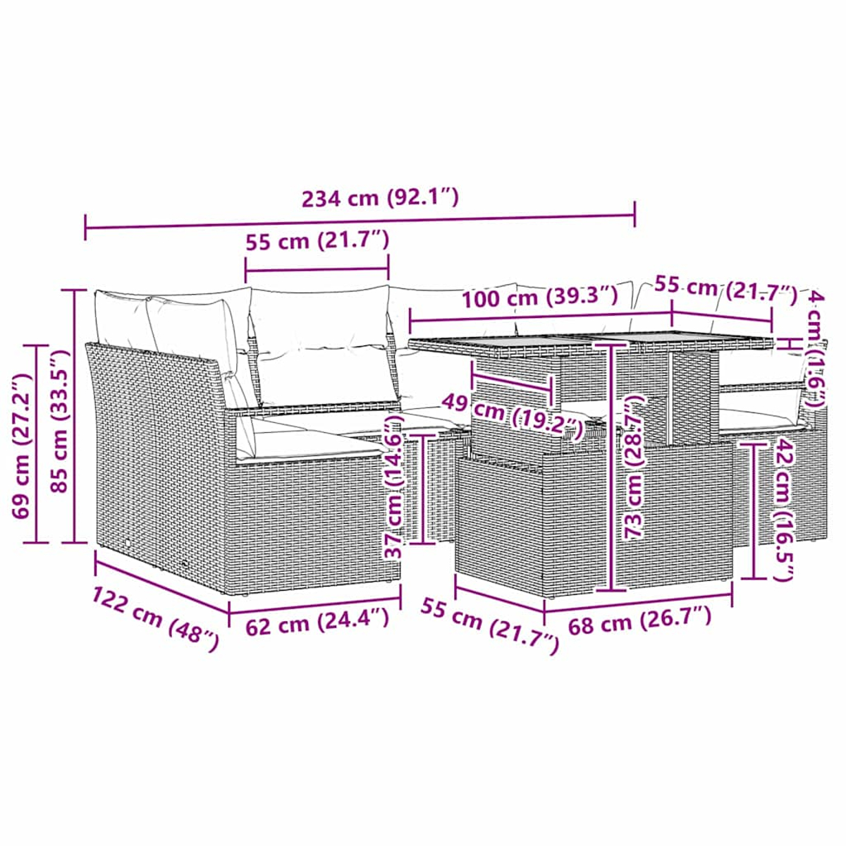 Geflochtenes Gartenmöbel-Set mit Tisch und Sitzgelegenheiten wird gezeigt.