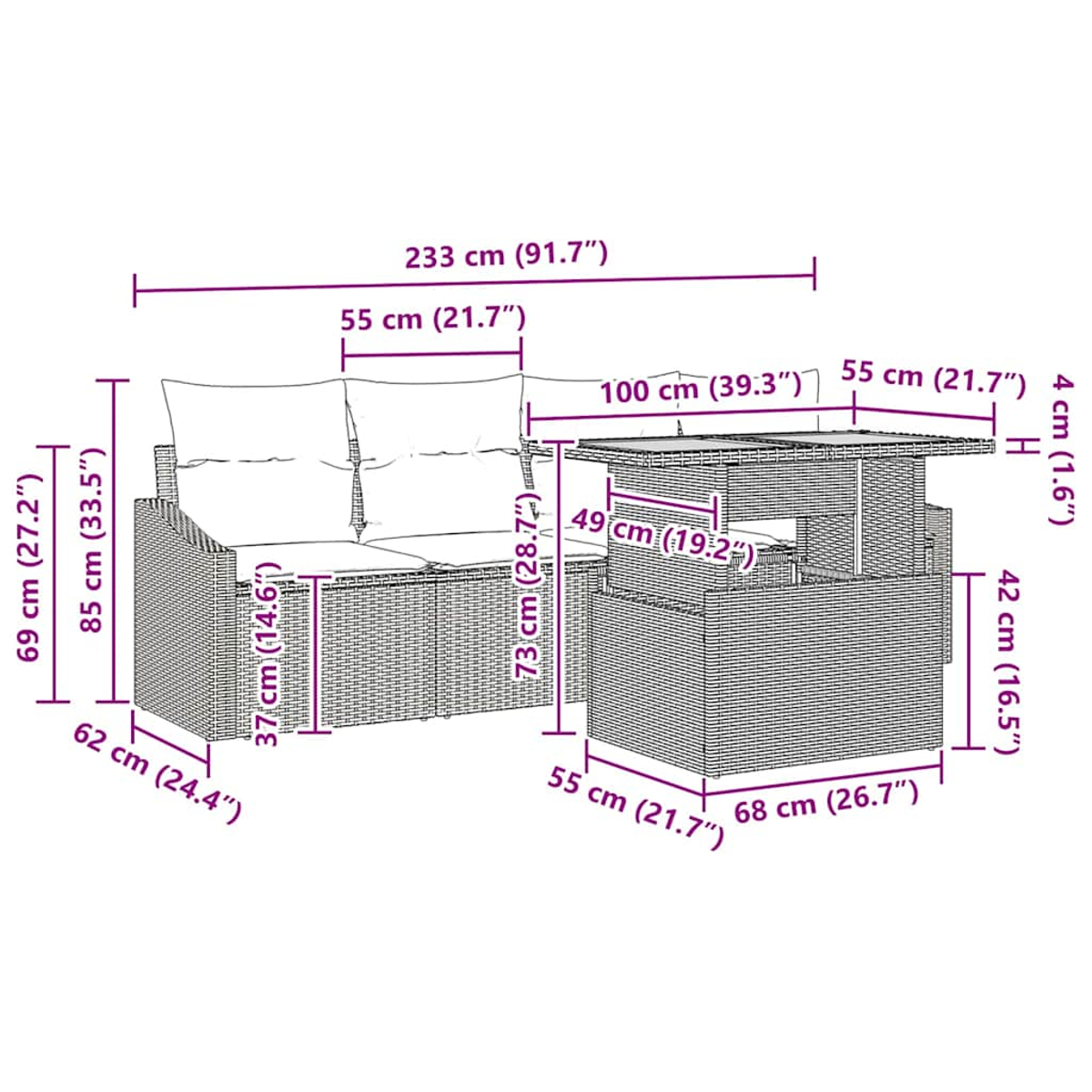 Gartenmöbel-Set mit schwarz beschrifteten Abmessungen. Enthält ein Sofa, einen Tisch und einen Stuhl.