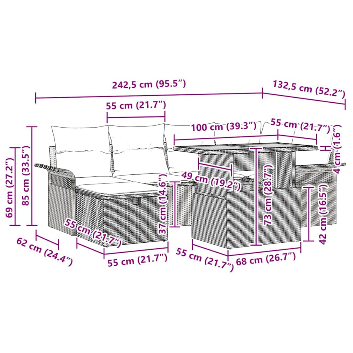 Gartenmöbel-Set mit schwarz beschrifteten Abmessungen. Enthält ein Sofa, einen Tisch und einen Stuhl.
