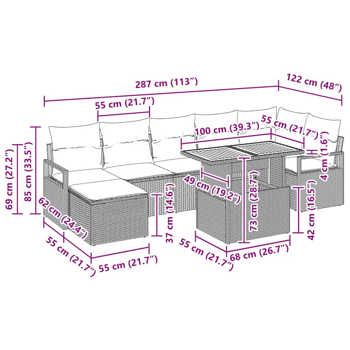 Gartenmöbel-Set mit schwarz beschrifteten Abmessungen. Enthält ein Sofa, einen Tisch und einen Stuhl.