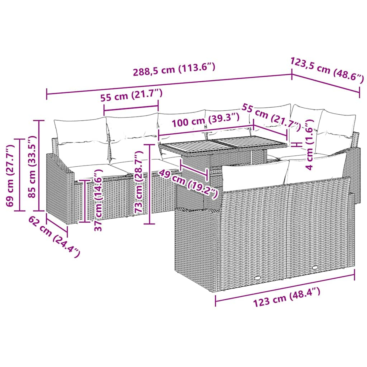 Ein Rattansofa-Set mit Maßen. Es umfasst ein Sofa, einen Tisch und einen Stuhl mit markierten Abmessungen.