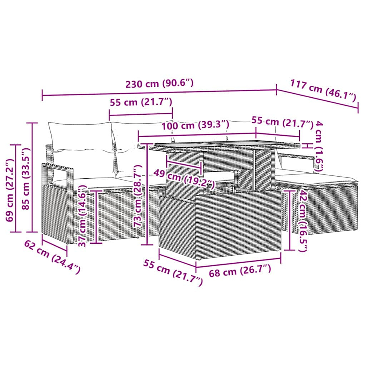Ein Rattansofa-Set mit Maßen. Es umfasst ein Sofa, einen Tisch und einen Stuhl mit markierten Abmessungen.