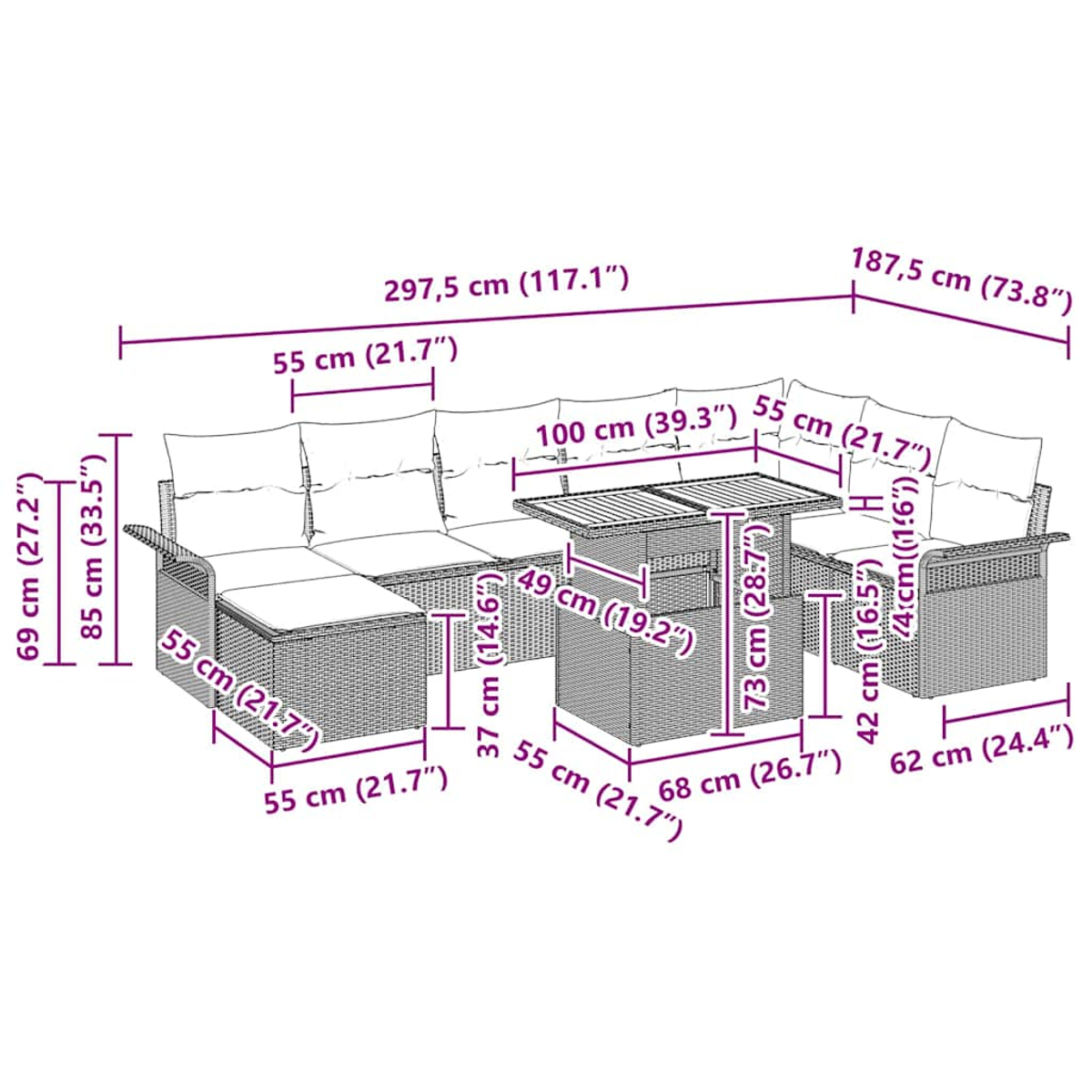 Gartenmöbel-Set mit schwarz beschrifteten Abmessungen. Enthält ein Sofa, einen Tisch und einen Stuhl.