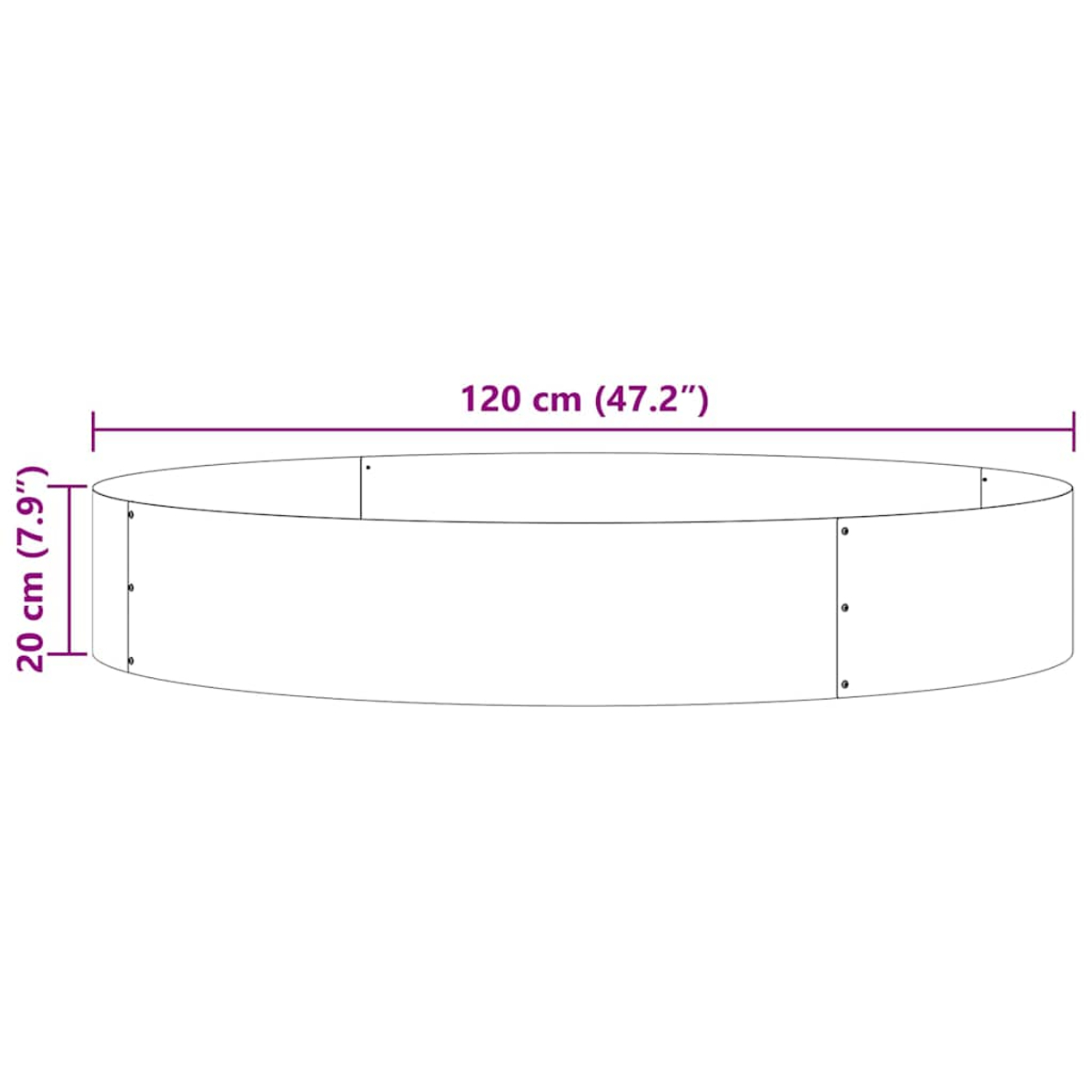 Una fioriera lunga, curva, semicircolare, con dimensioni indicate sull'immagine.