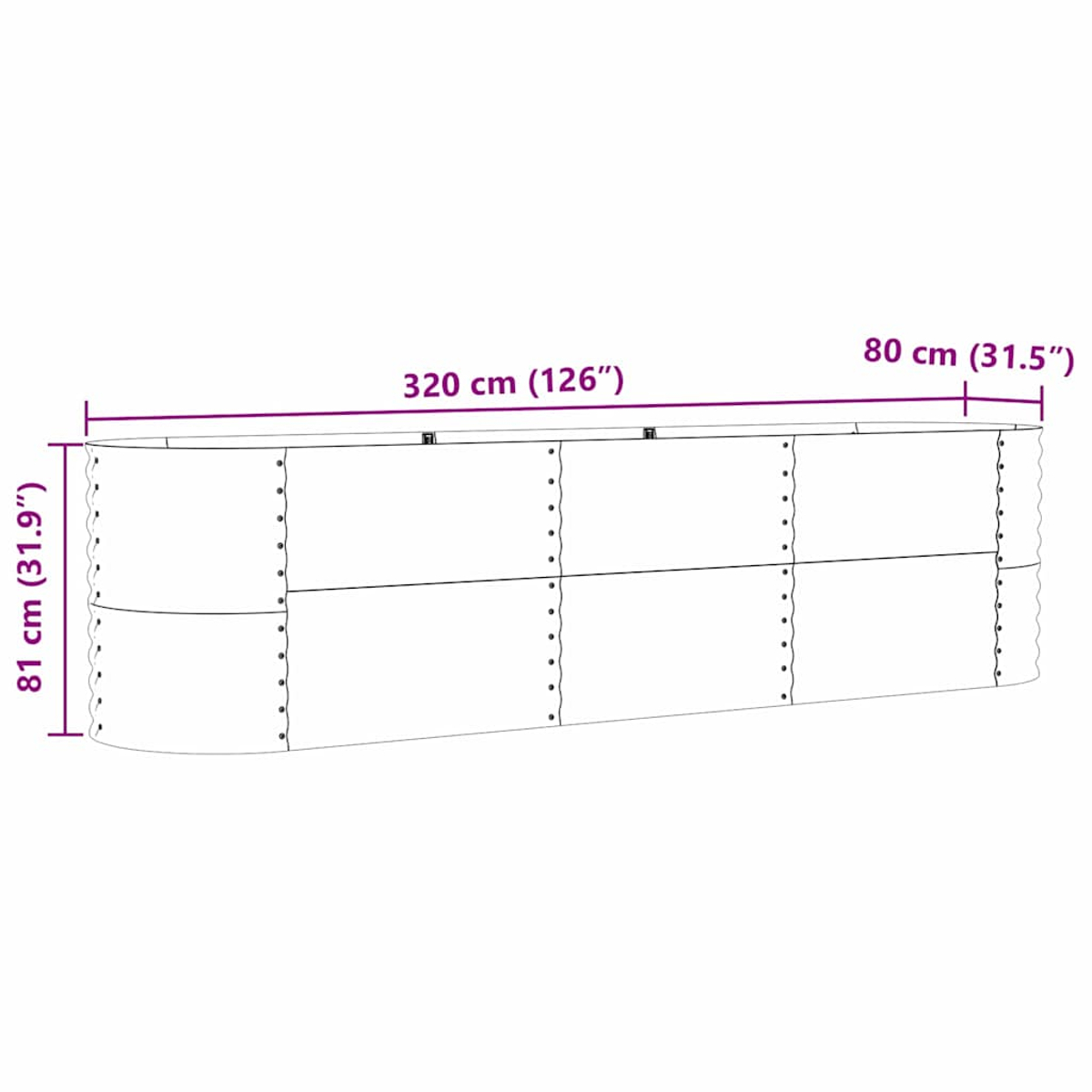 Una fioriera bianca con fronte curvo, dimensioni indicate. È lunga 320 cm, alta 81 cm e larga 80 cm.
