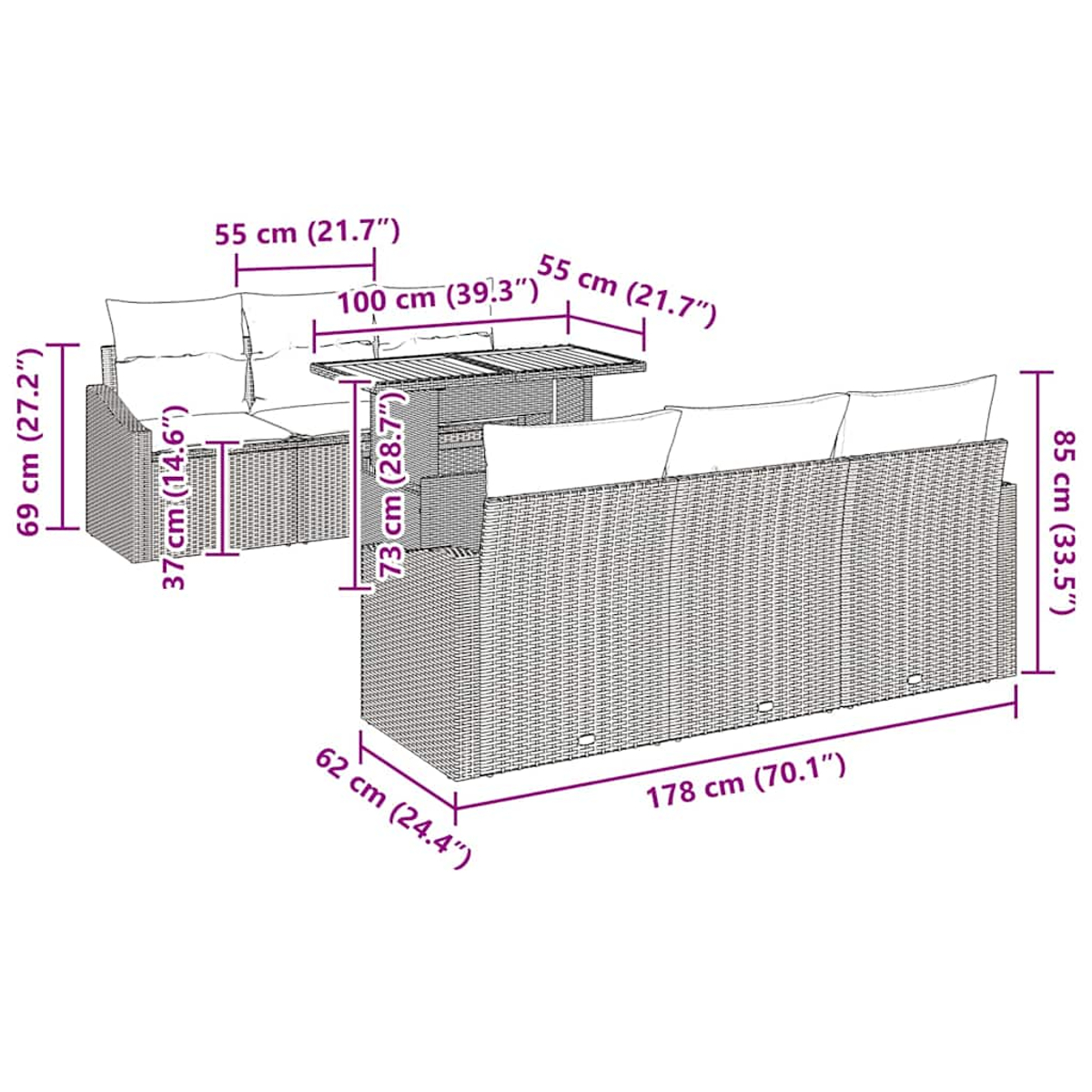 Gartenmöbel-Set aus Korbgeflecht mit Sofa, Tisch und Stuhl, mit Maßangaben in Zentimetern und Zoll.