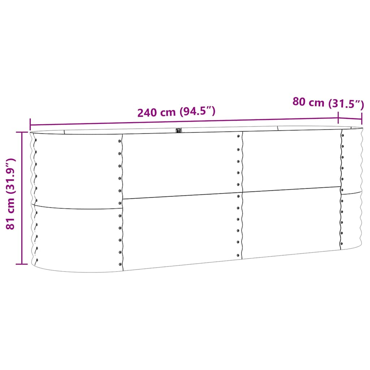 Una fioriera bianca con fronte curvo, dimensioni indicate. È lunga 240 cm, alta 81 cm e larga 80 cm.