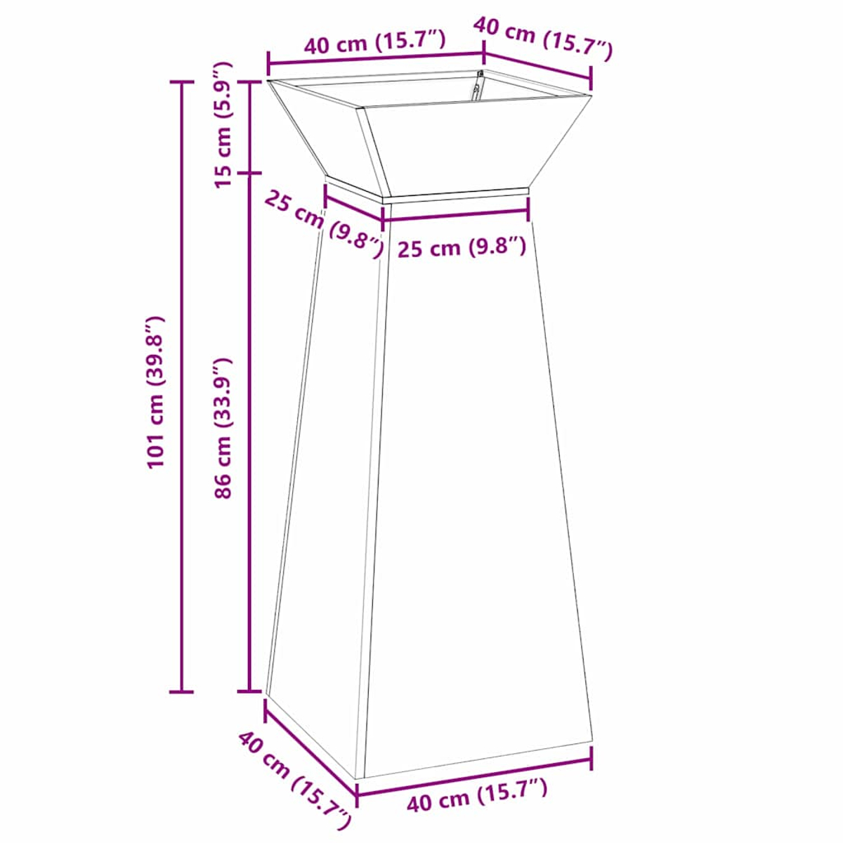 Fioriera alta a forma di trapezio con dimensioni in centimetri e pollici.