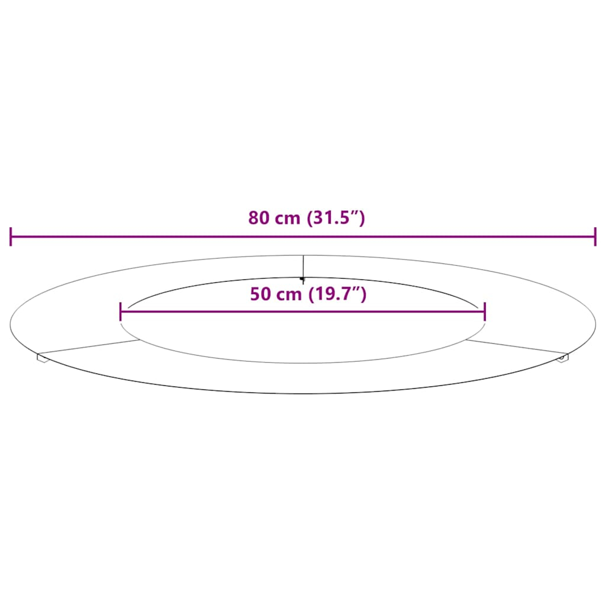 Base per piattaforma circolare con dimensioni in centimetri e pollici.