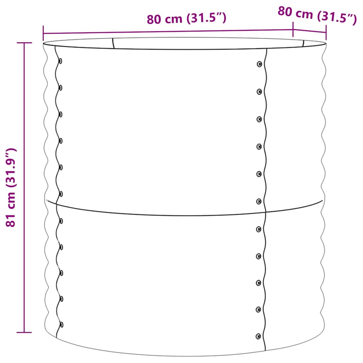 Fioriera cilindrica con dimensioni in centimetri e pollici.