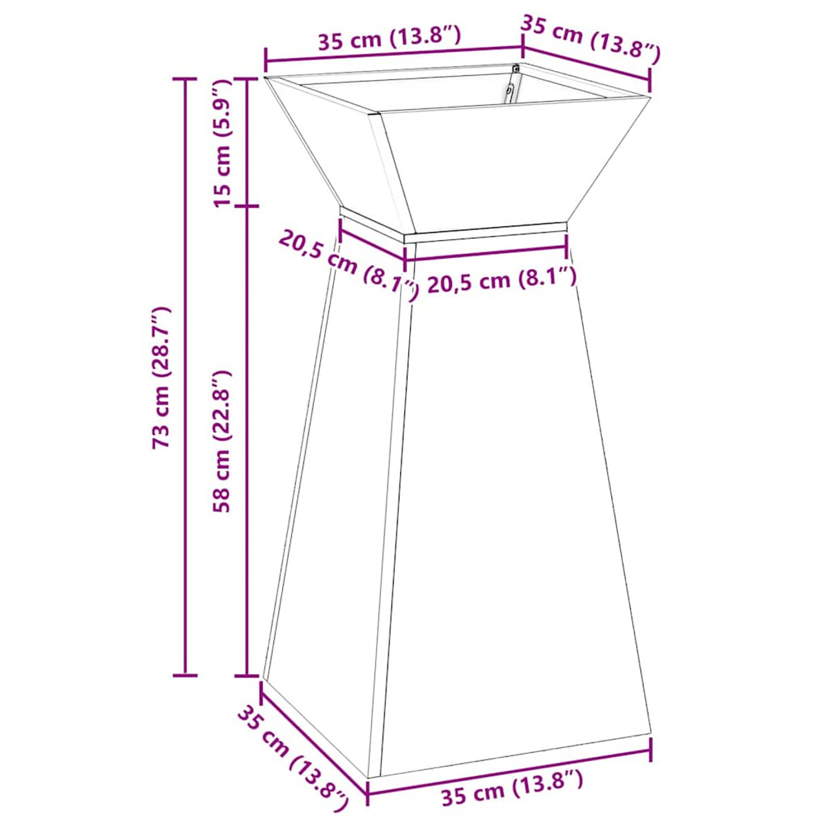 Una fioriera bianca con un design a più livelli. È alta 73 cm, larga 35 cm e profonda 35 cm. Le dimensioni sono indicate.