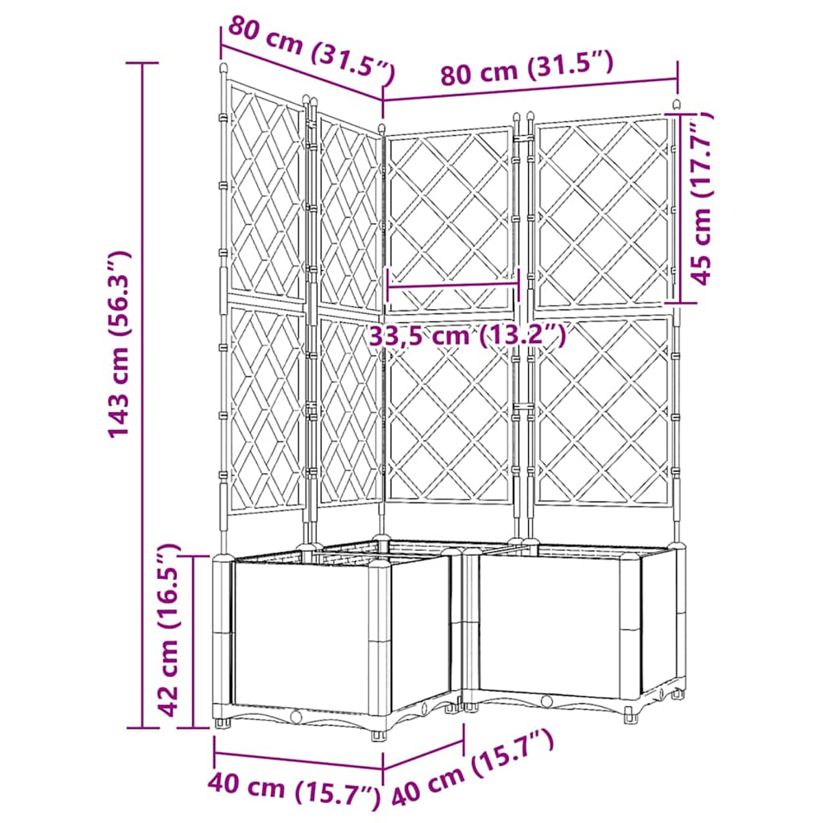 Ein Spalier mit Pflanzkasten. Das Spalier ist 143 cm hoch und 80 cm breit. Maße sind angegeben.