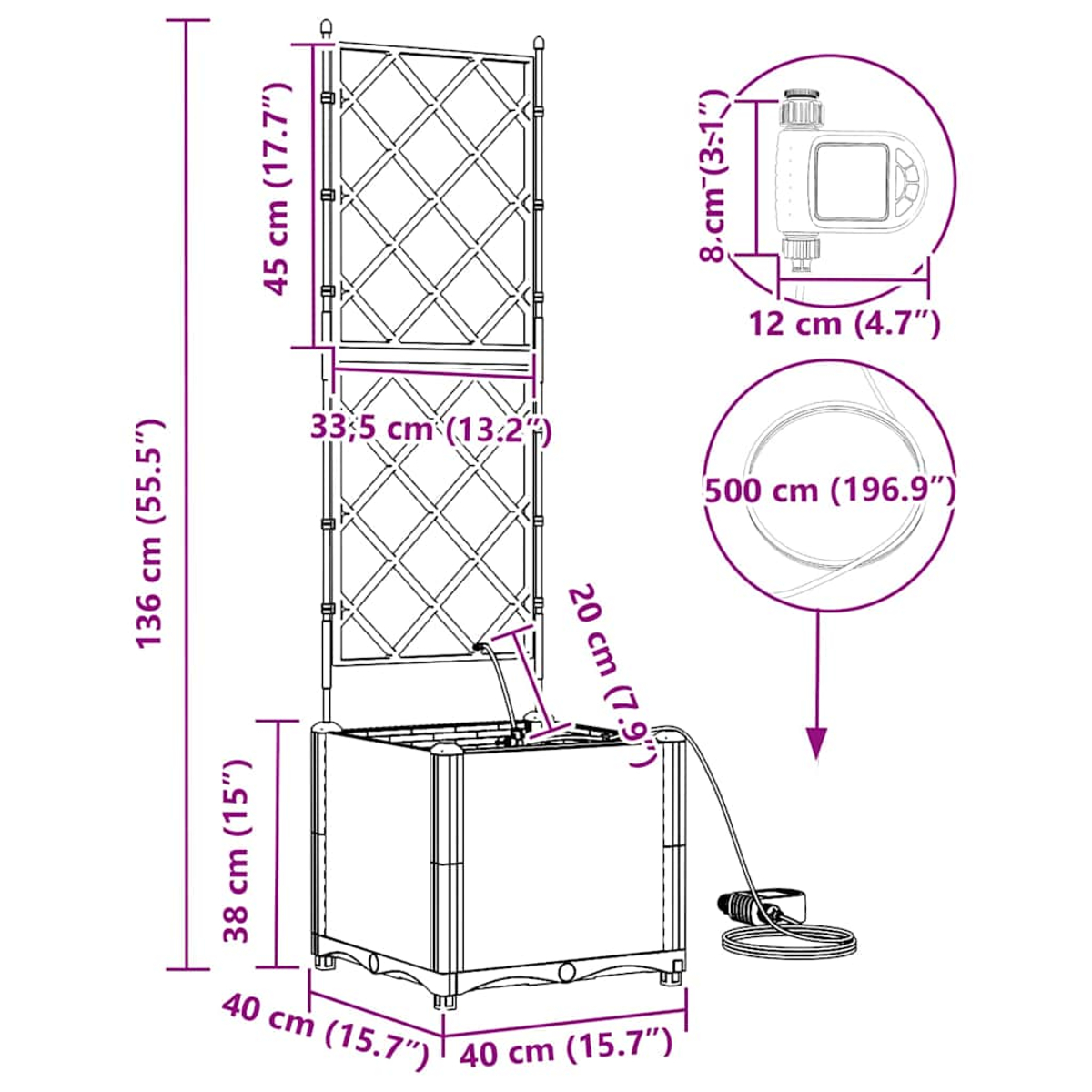 Un traliccio con una fioriera e un timer per l'acqua. Il traliccio è alto 136 cm e largo 40 cm. Le dimensioni sono indicate.