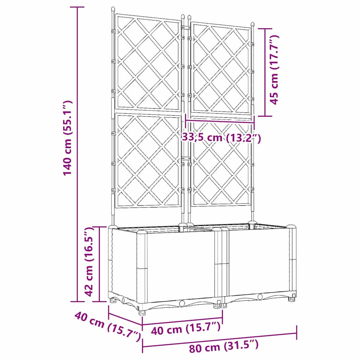 Un traliccio con una fioriera. Il traliccio è alto 140 cm e largo 80 cm. Le dimensioni sono indicate.