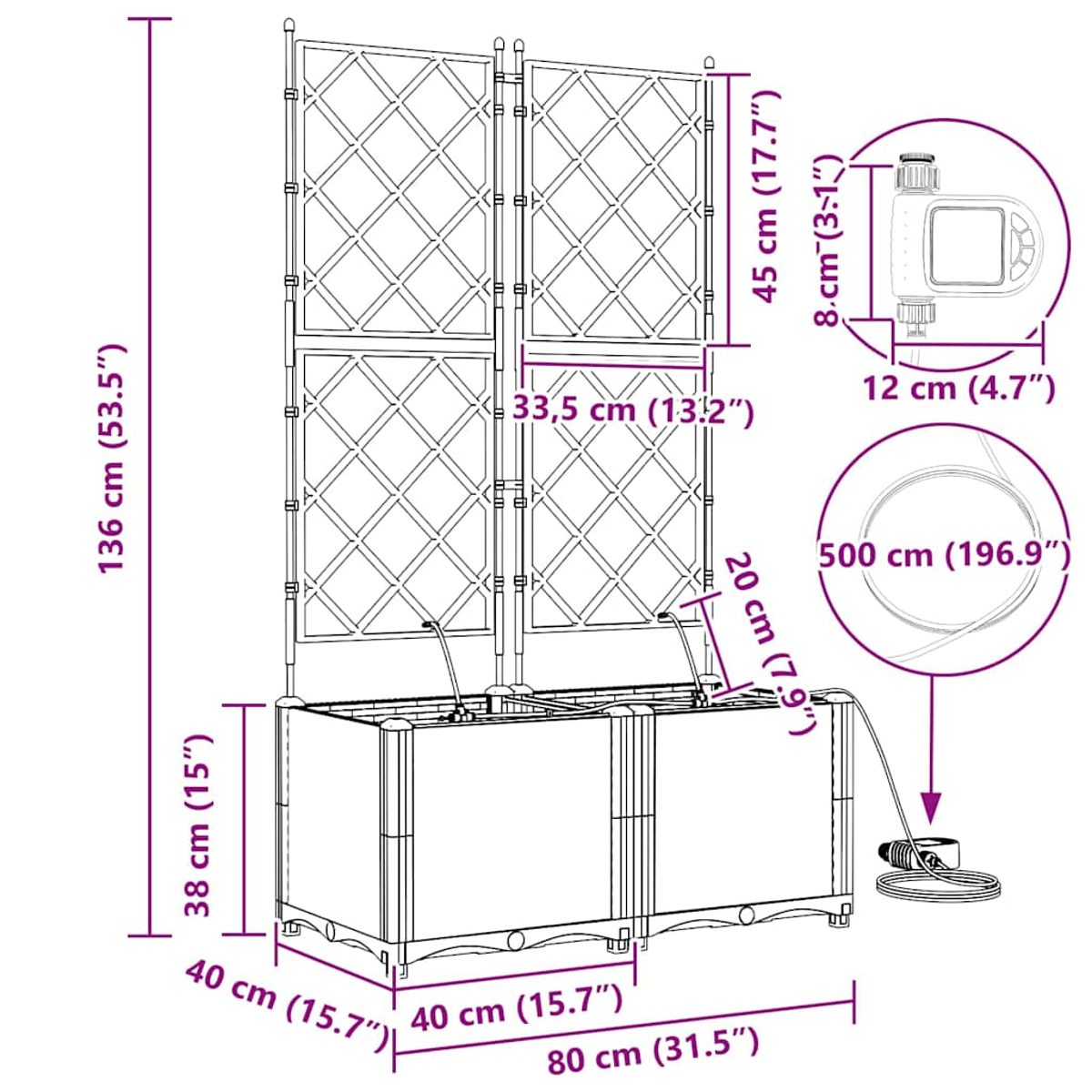 Fioriera con traliccio e sistema di irrigazione, dimensioni in centimetri e pollici.