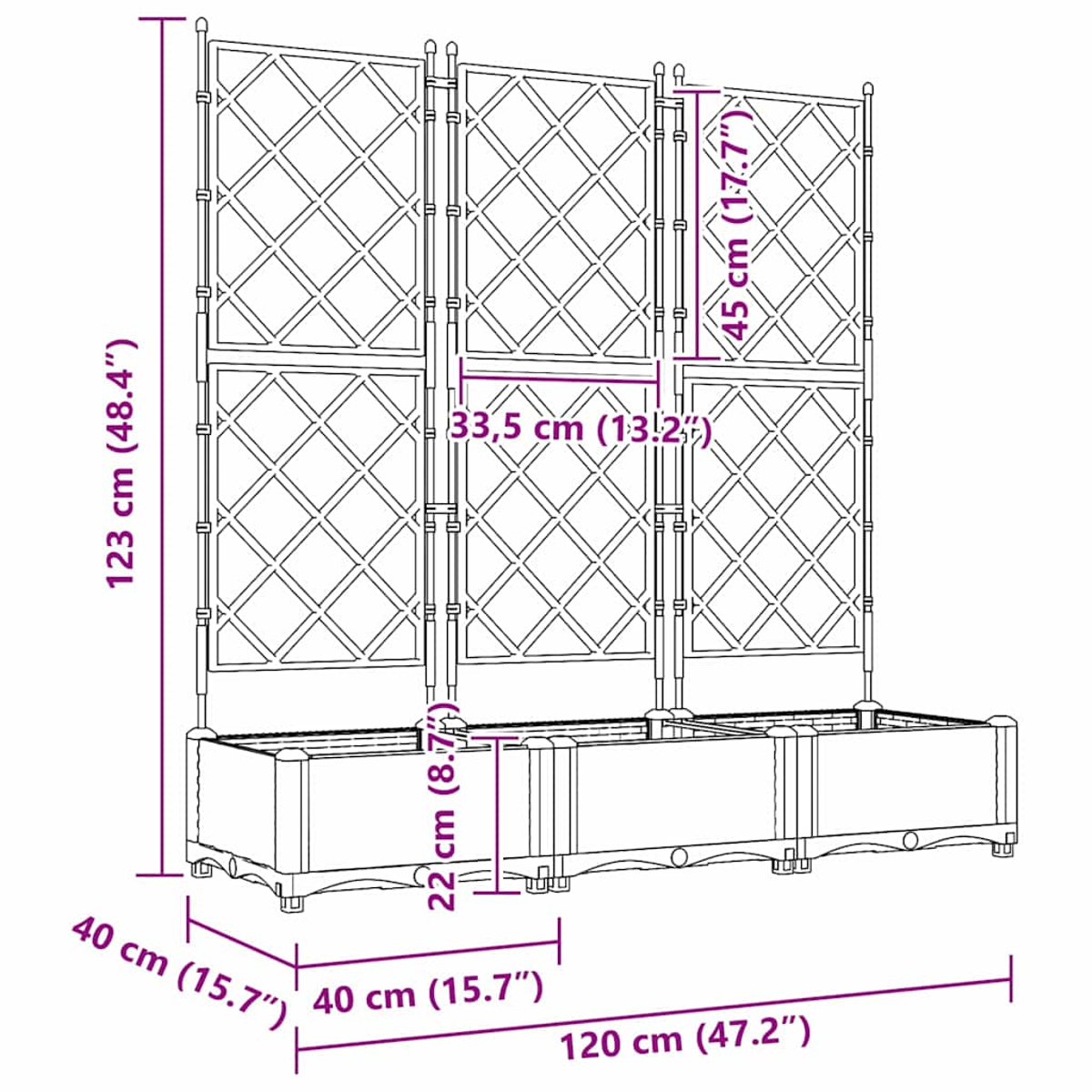 Un traliccio con una fioriera. Il traliccio è alto 123 cm e largo 120 cm. Le dimensioni sono indicate.
