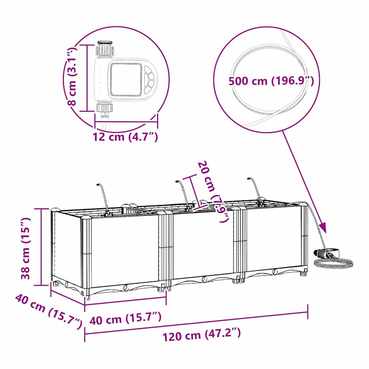 Diagramm eines Bewässerungssystems mit Abmessungen in cm und Zoll.