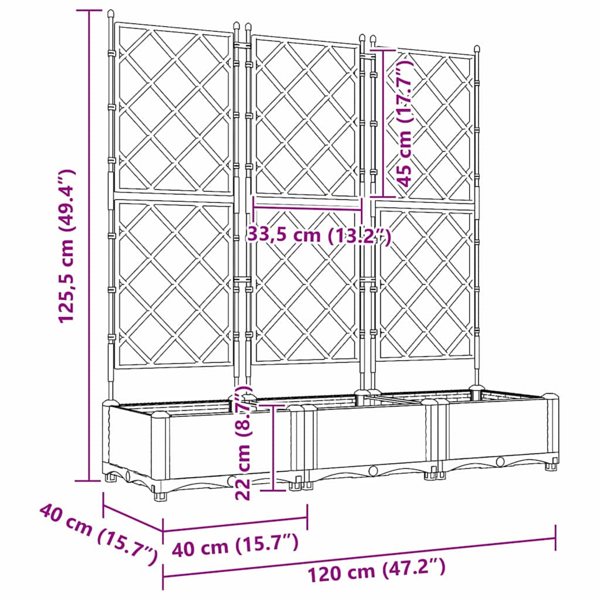 Diagramma di tre fioriere a traliccio con dimensioni in cm e pollici.