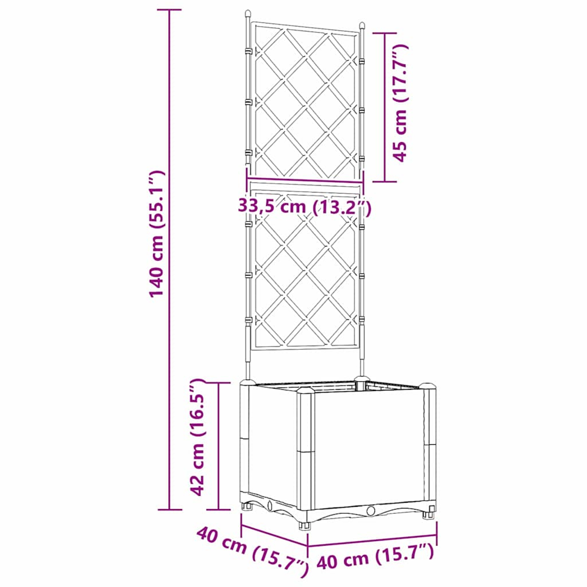 Diagramm eines Spalierpflanzgefäßes mit Abmessungen in cm und Zoll.