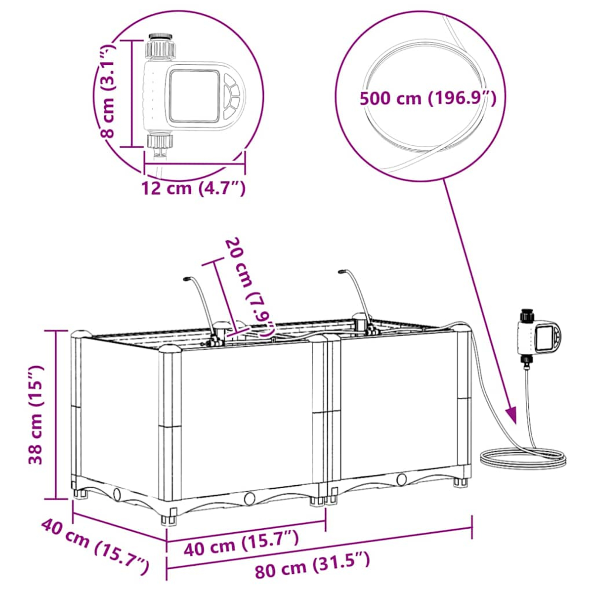 Un diagramma mostra una fioriera con timer di irrigazione e dimensioni etichettate.