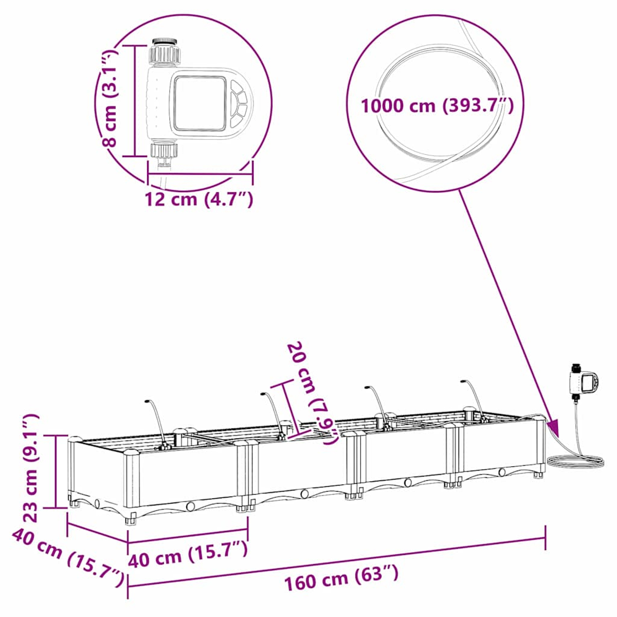Diagramm zeigt einen langen, rechteckigen Pflanzkasten mit beschrifteten Abmessungen und einen Bewässerungstimer.
