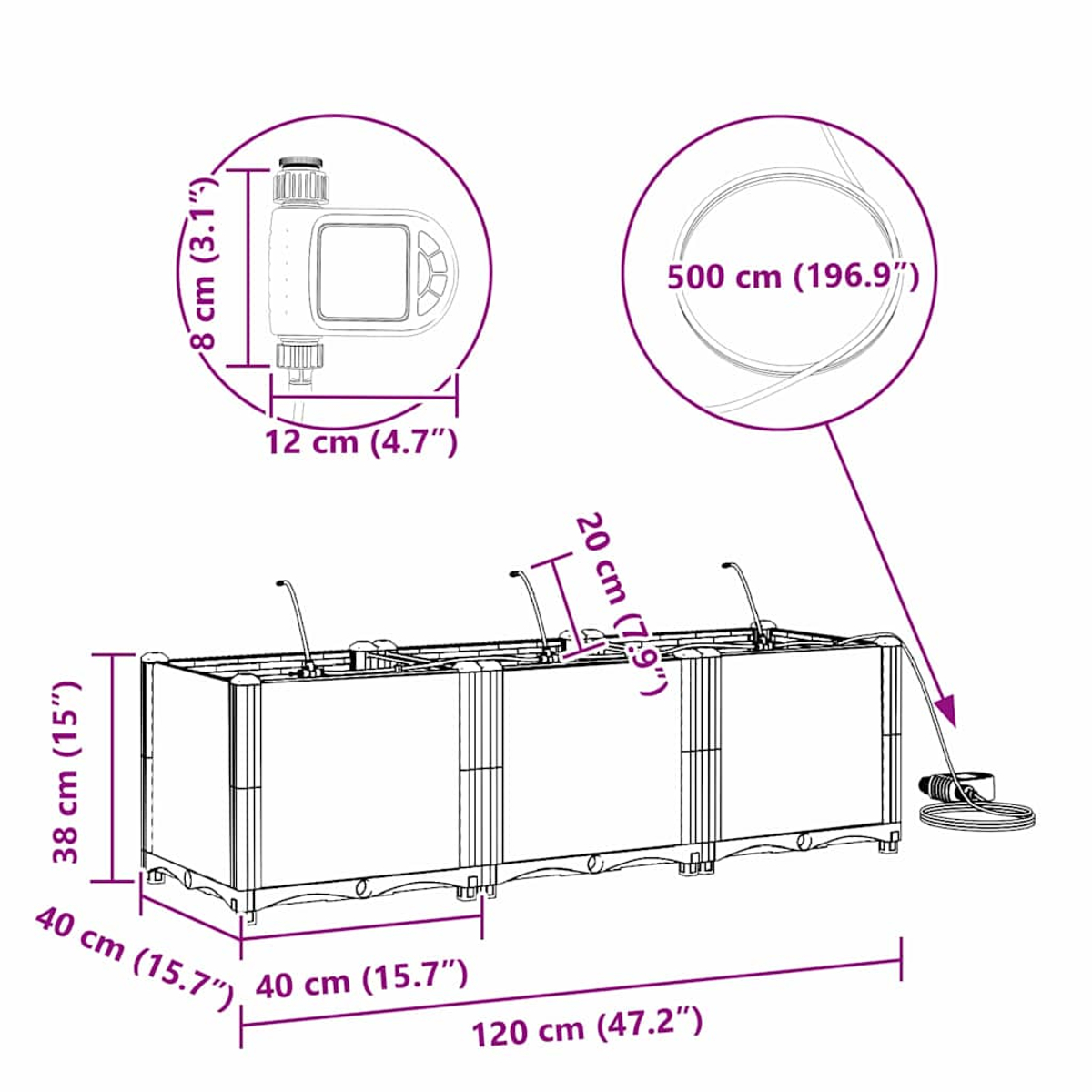 Un diagramma mostra una fioriera con timer di irrigazione e dimensioni etichettate.