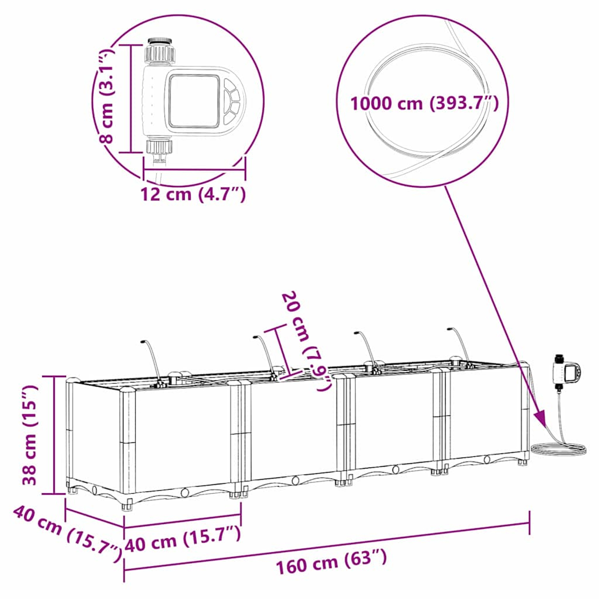 Un diagramma mostra una lunga fioriera rettangolare con dimensioni etichettate e un timer di irrigazione.