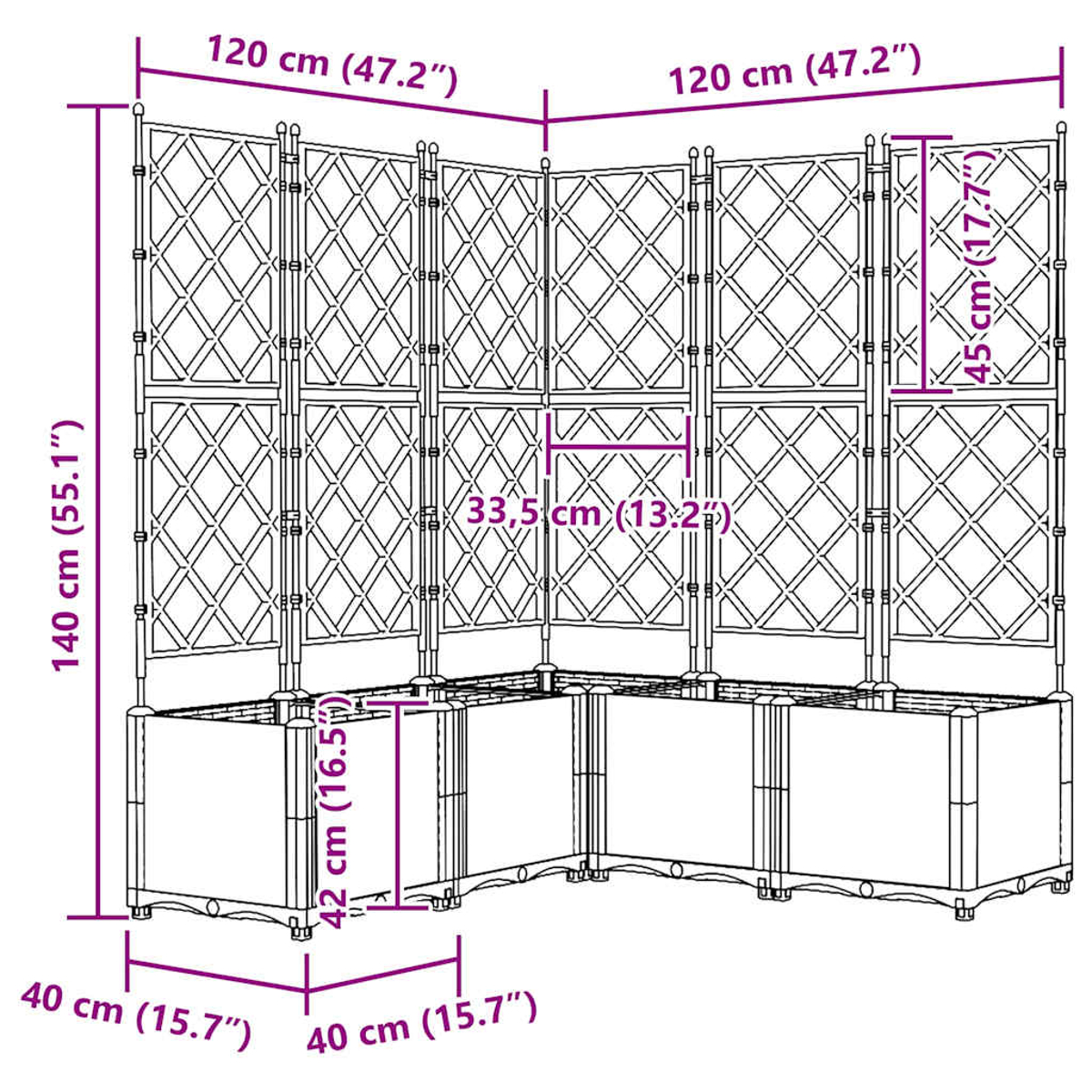 Tre fioriere con traliccio, dimensioni e timer. Il traliccio ha motivi a rombi.