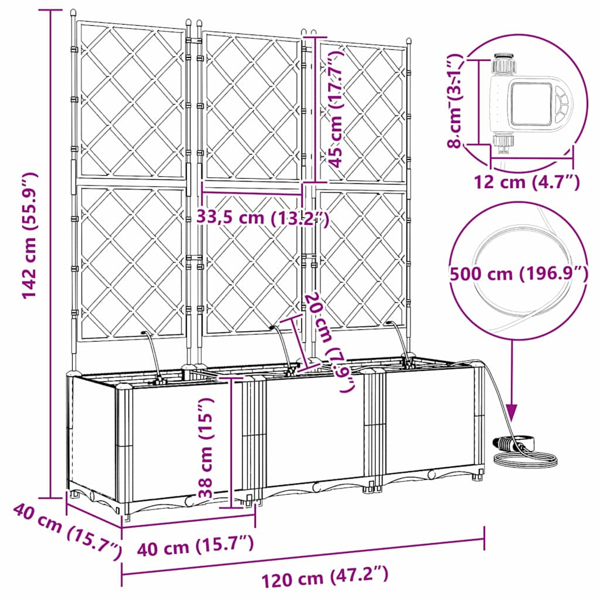 Un diagramma mostra una fioriera con traliccio, timer di irrigazione e dimensioni etichettate.