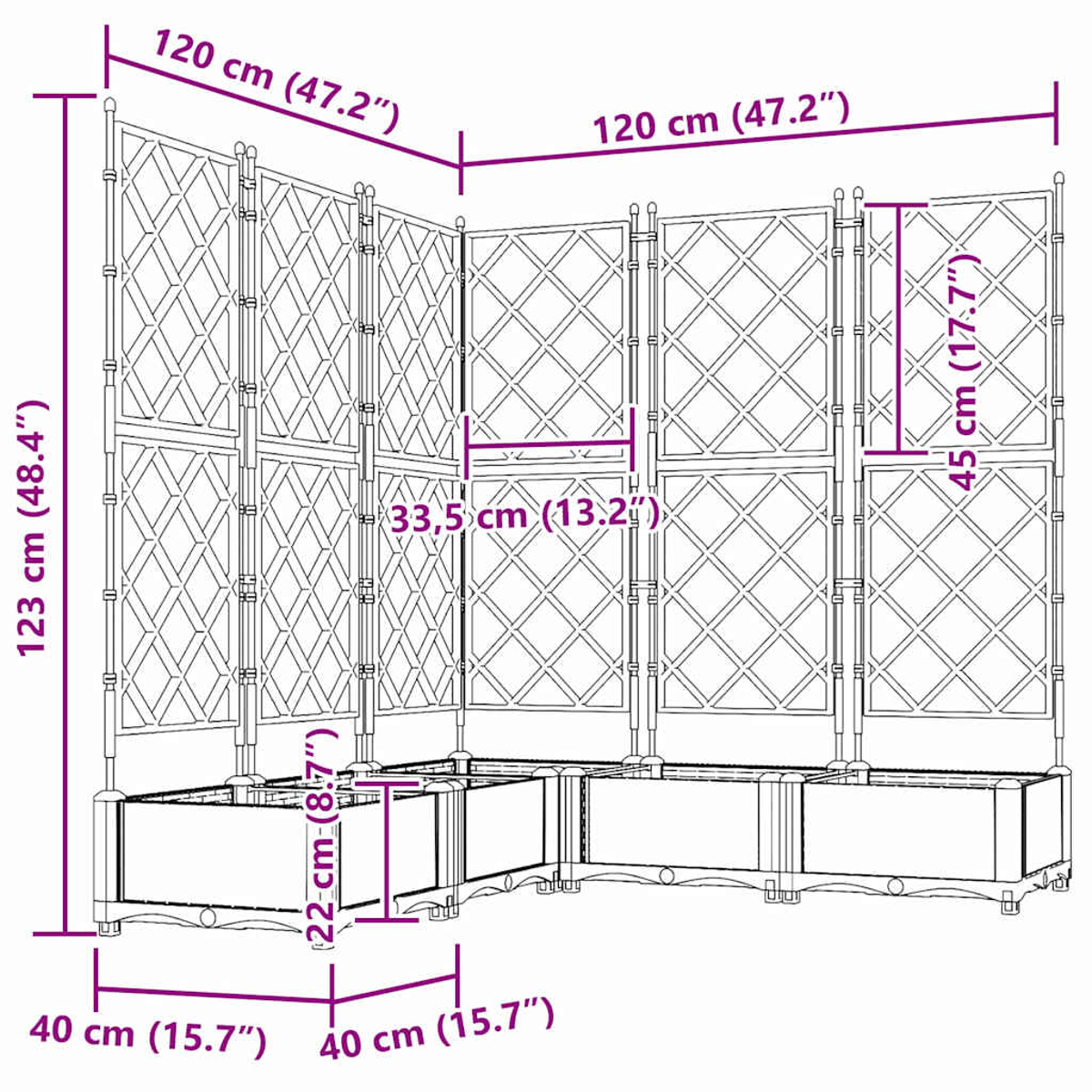 Un diagramma mostra una fioriera con traliccio e dimensioni etichettate.